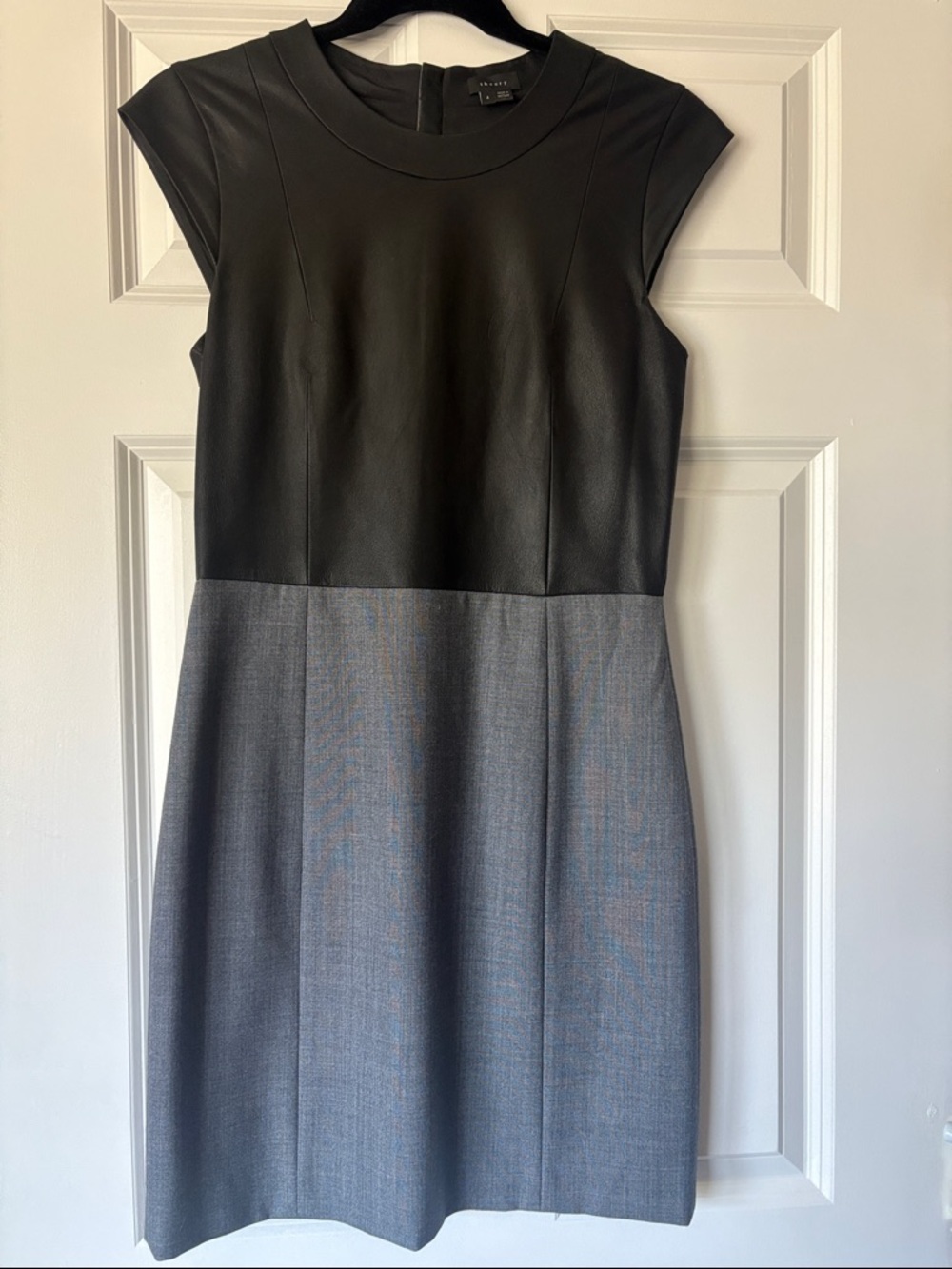 Theory Black and Gray with Leather Top Cap-Sleeve Sheath Dress